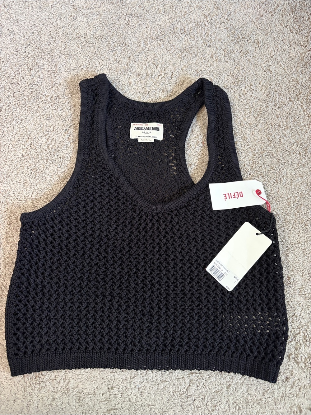 Zadig & Voltaire Nabya Co Crochet Black Open-Knit Cropped Tank Top L NWT Boho
